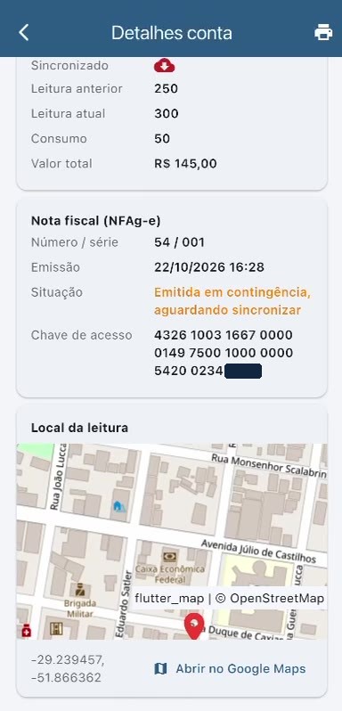 Tela do app com a NFAg-e emitida e o local da leitura no mapa