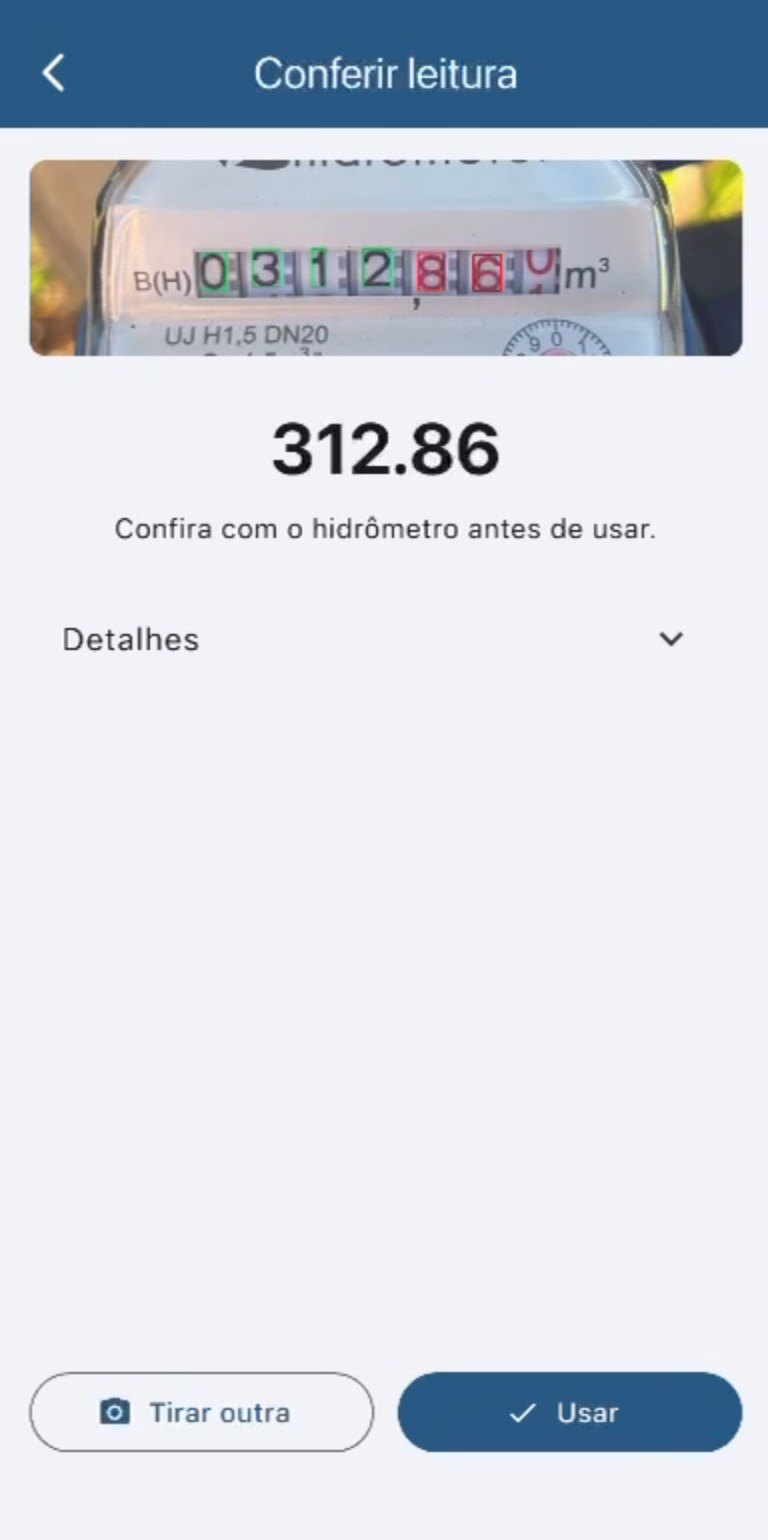 Tela do app Collettore conferindo a leitura do hidrômetro feita por foto