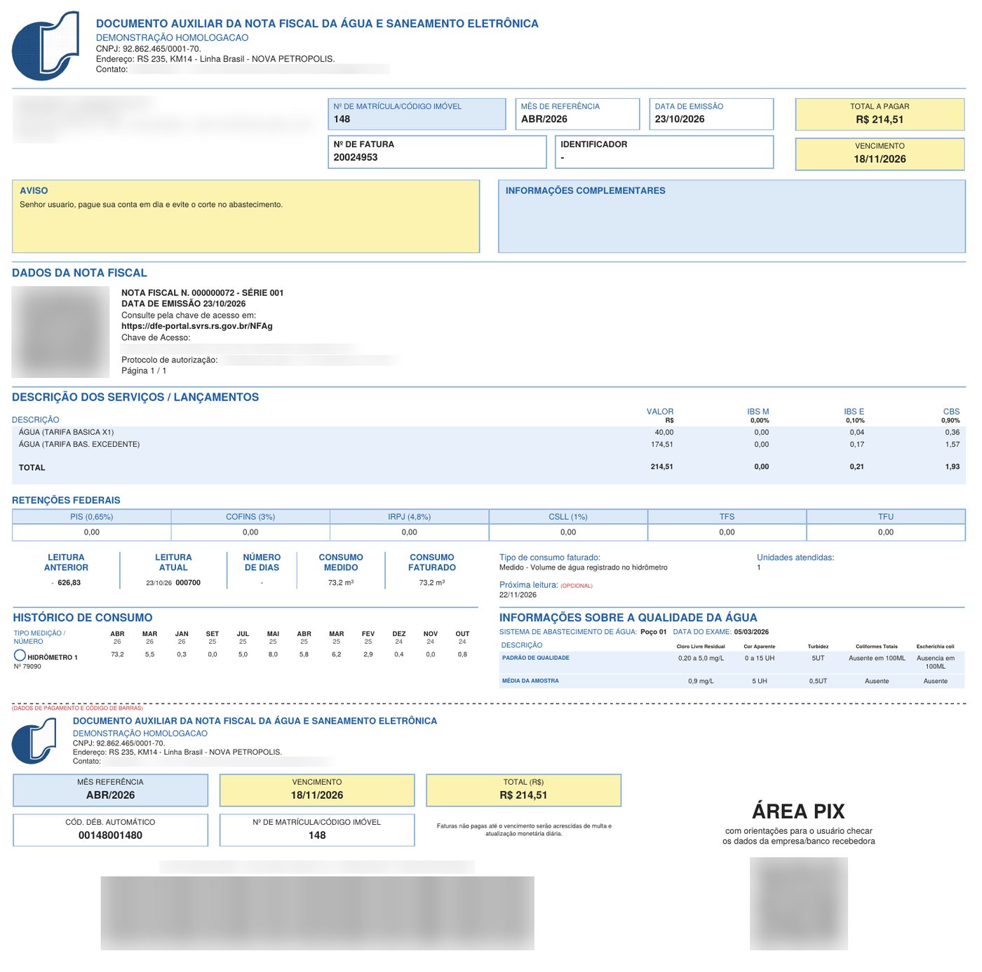 Conta de água com NFAg-e impressa pelo software de leitura de hidrômetros