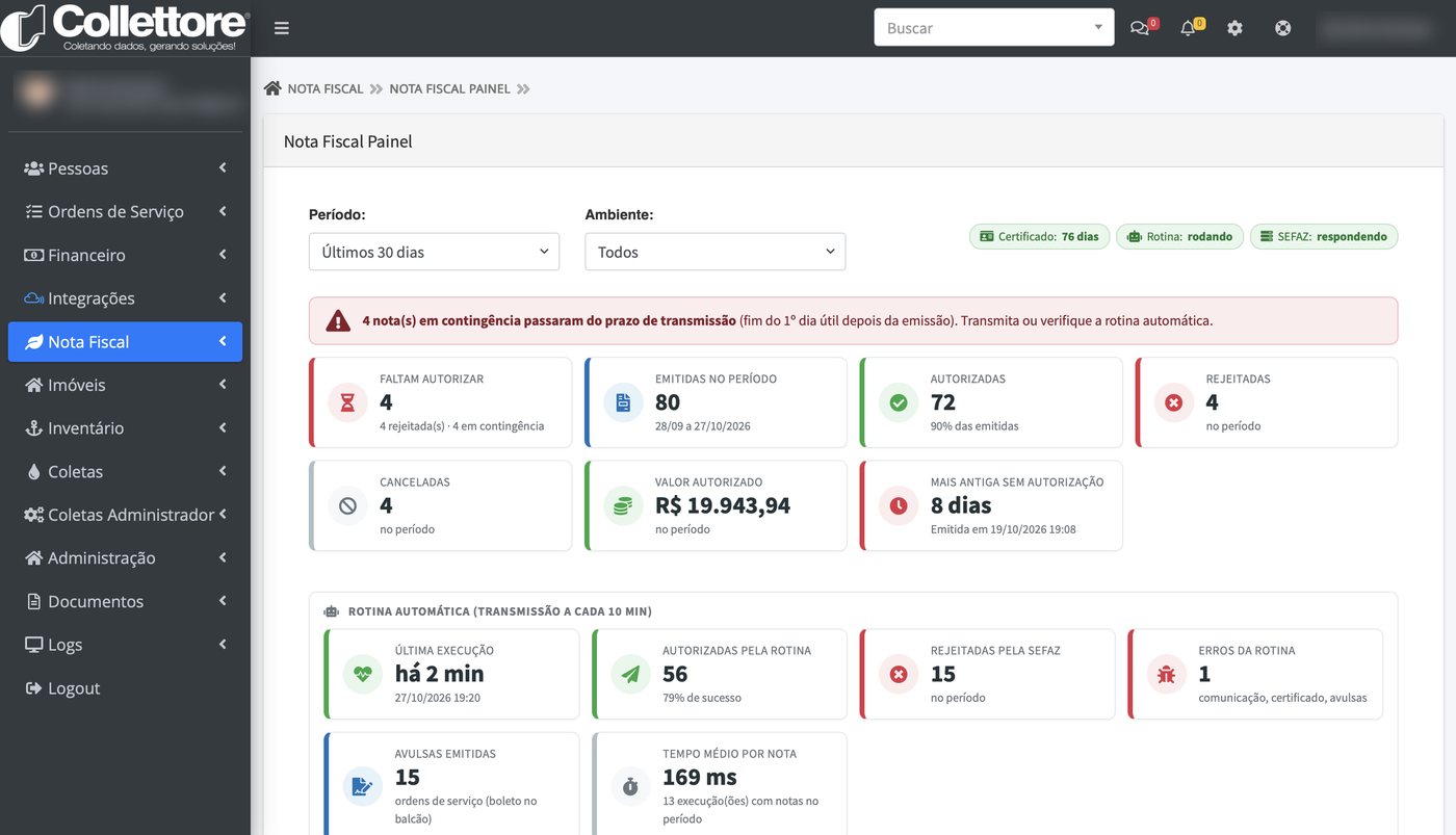 Monitor das notas fiscais de água: a autorizar, emitidas, autorizadas, rejeitadas, canceladas, valor autorizado e rotina automática